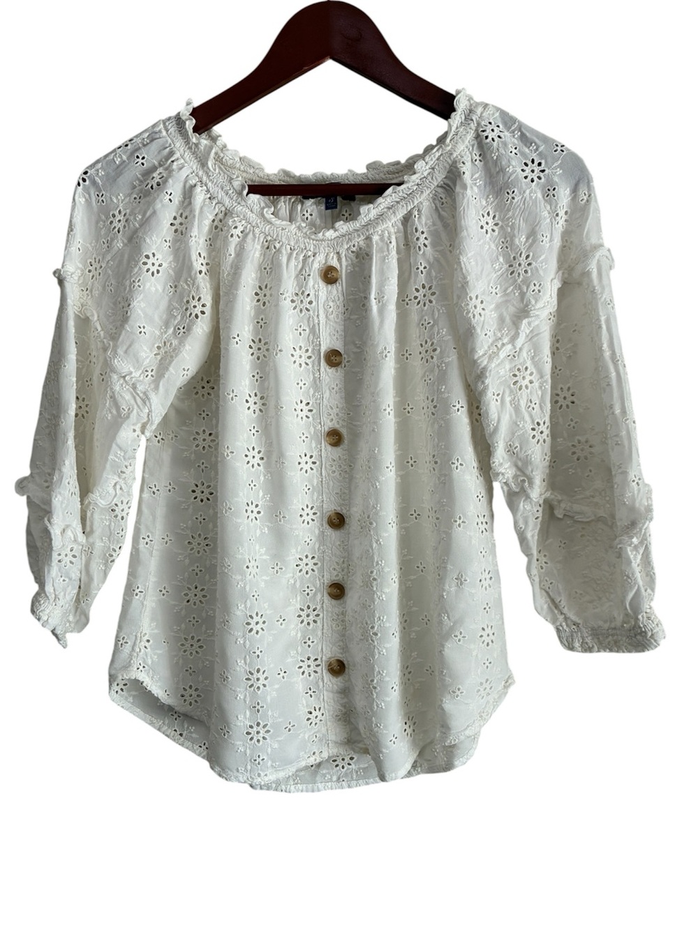 Democracy Women's White Eyelet 3/4 Sleeve Top Size Small